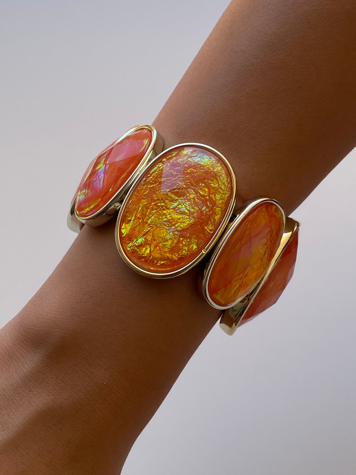 Vintage Orange Lucite Cabochon Silver-Tone Elastic Statement Bracelet