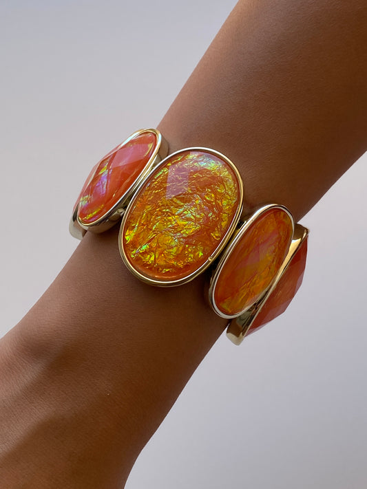 Vintage Orange Lucite Cabochon Silver-Tone Elastic Statement Bracelet