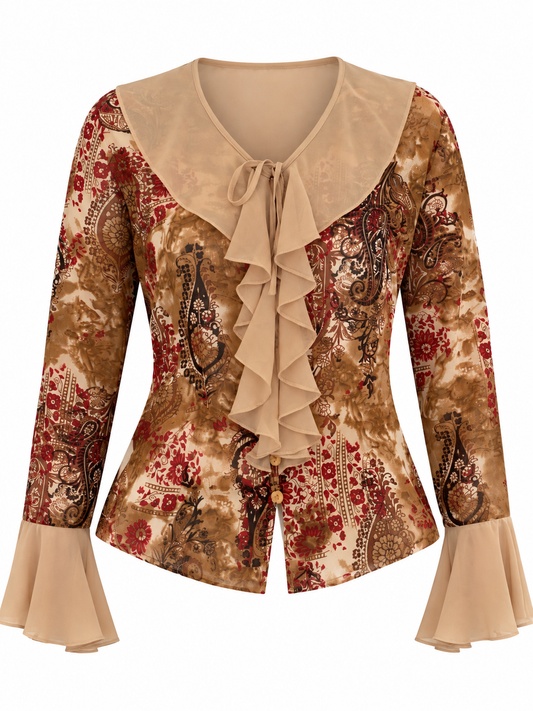 Vintage Y2K Yazen Beige Brown Paisley Floral Ruffle Bell Sleeve Blouse - M