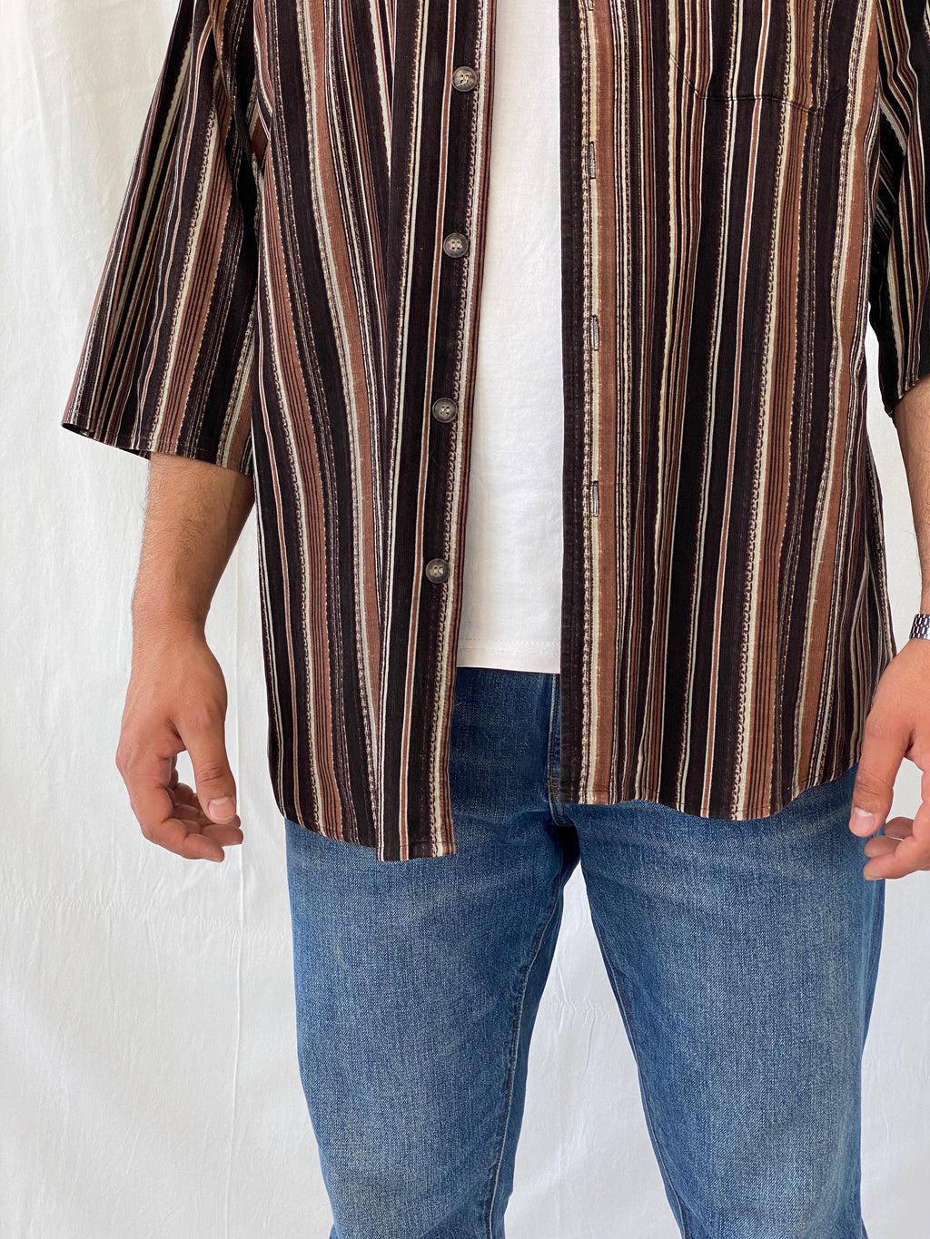 Vintage Him Collection Brown Striped Cotton Oversized Fit Corduroy Button Down Men’s Shirt - XL