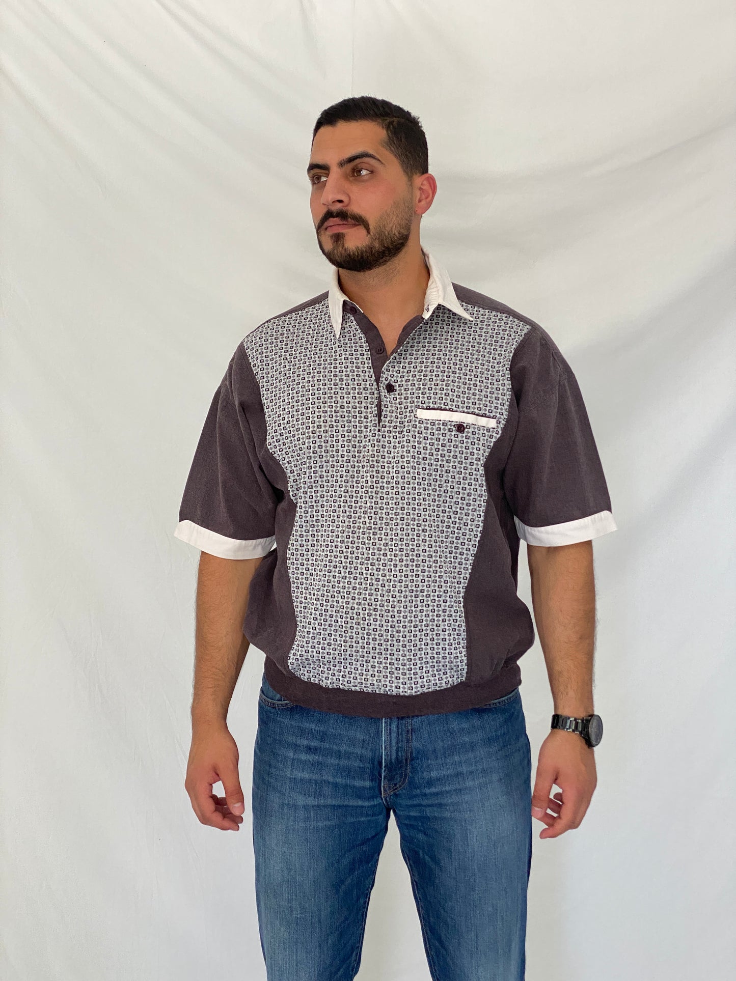 Vintage 90s II SPORT Brown & White Men’s Patterned Polo Shirt – L