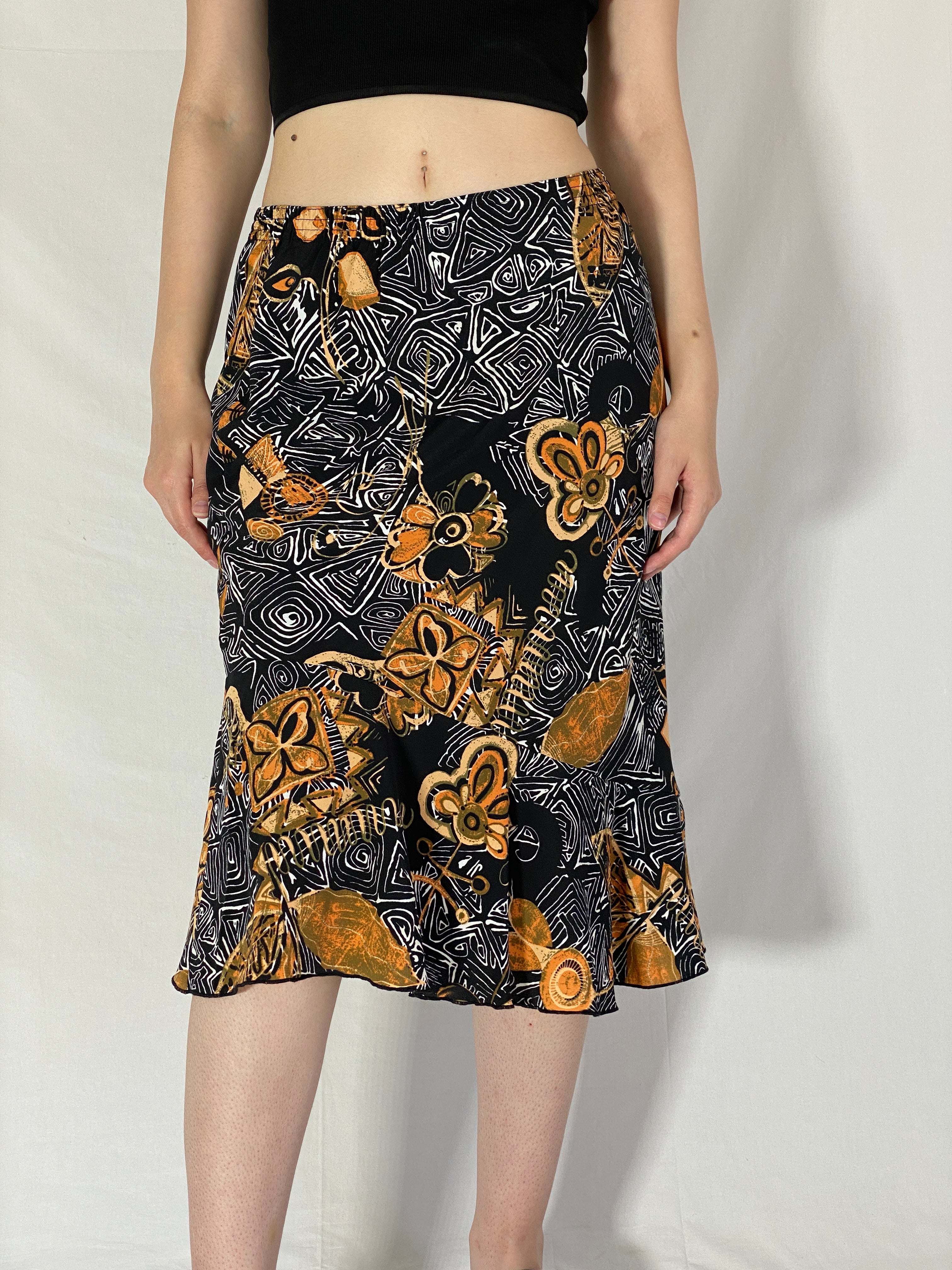 Vintage 90s Griffon Abstract Floral Black & Gold Print Midi Skirt – M