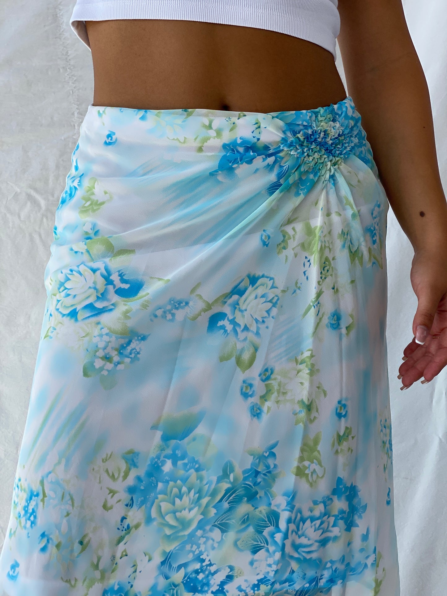 Vintage 90s This Aqua Blue Floral Sheer Chiffon Midi Skirt - M