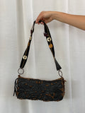 Y2K Chine Belgian Design Brown Crochet and Leather Shoulder Bag