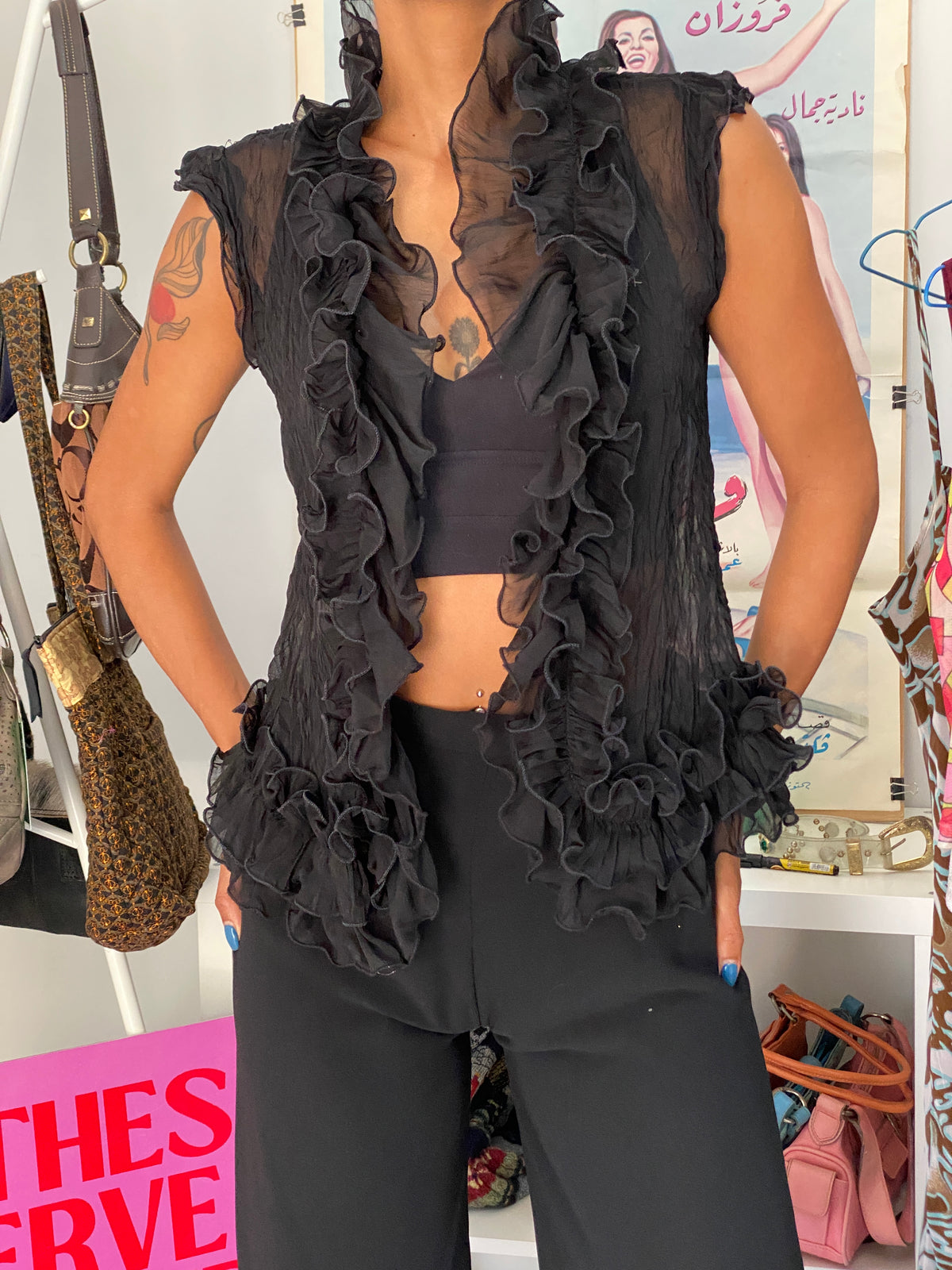 Y2K Emilie Black Sheer Sleeveless Ruffle Cardigan Chiffon Overlay – S Y2K Emilie Black Sheer Sleeveless Ruffle Cardigan Chiffon Overlay – S