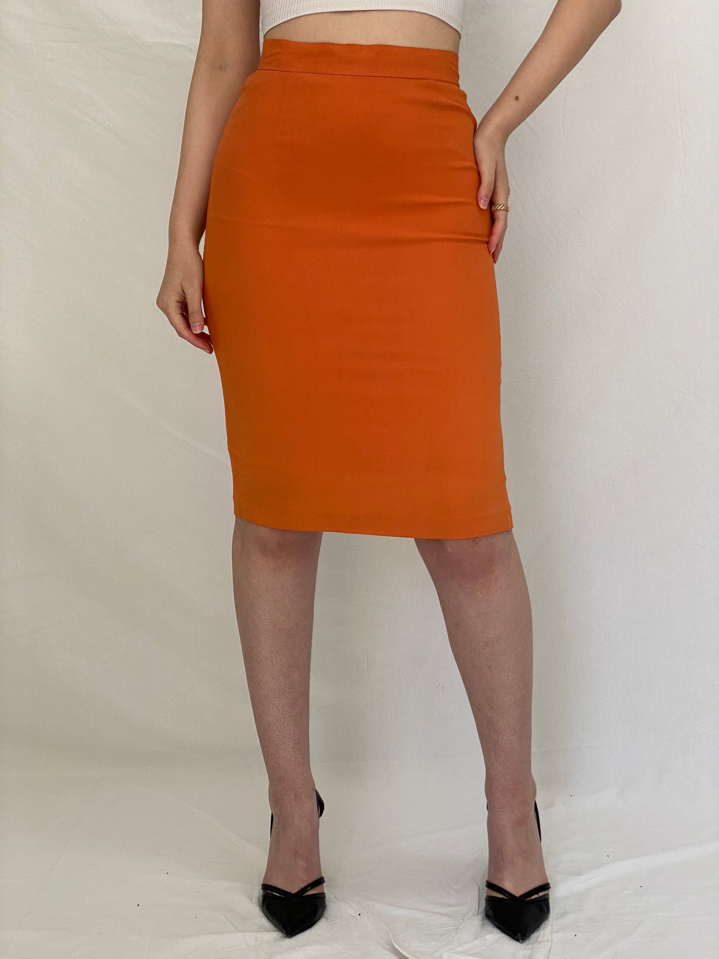 Statement Vintage Luigi Bruno Italian Orange Skirt Suit Set Tailored Blazer & Pencil Skirt - S