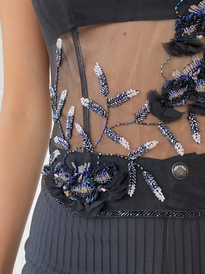 90s Aftershock Black Beaded Party Boned Semi Sheer Corset - S