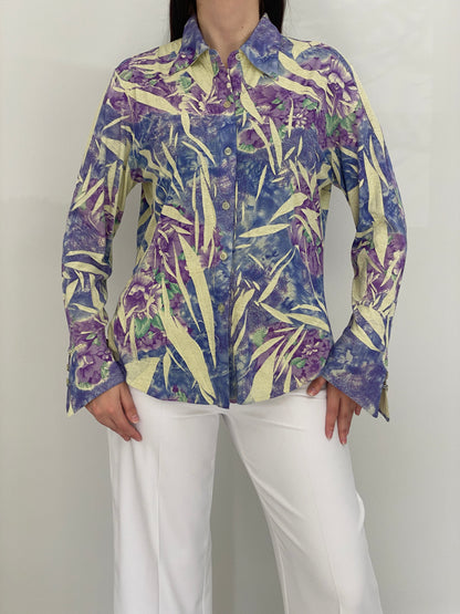 Vintage Hong Mei Purple Blue Floral Botanical Print Shirt – M
