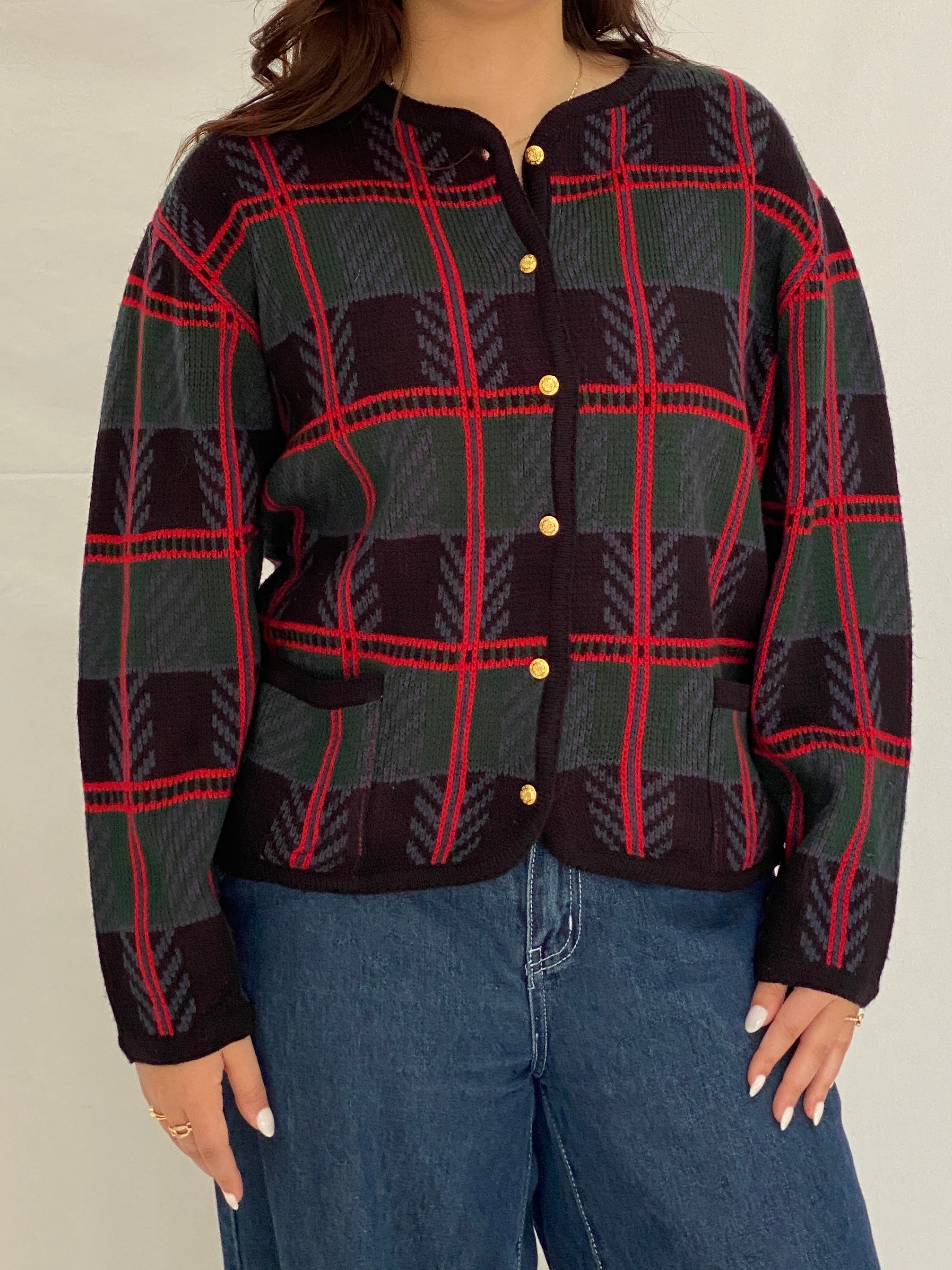Vintage Crystal-Kobe 90s Plaid Knit Cardigan Black Green Red Gold Buttons - M