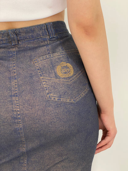 Y2K Catherina Hepher Metallic Gold Blue Denim Pencil Skirt – S