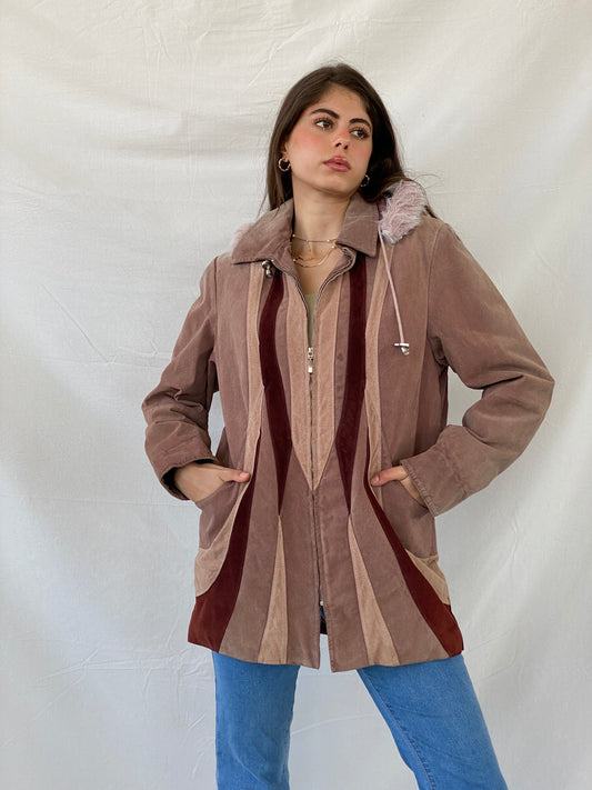 90s Genuine Pink Suede Heavy Zip Up Patched Coat - L