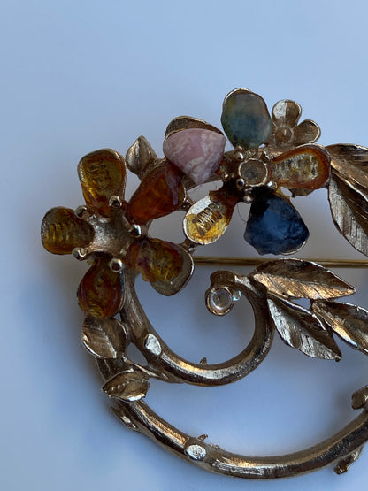 Vintage Capri Gold Floral Wreath Brooch with Multicolor Cabochons