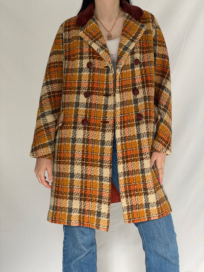 Vintage Brown & Rust Plaid Oversized Double-Breasted Wool Blend Coat with Velvet Collar - XL