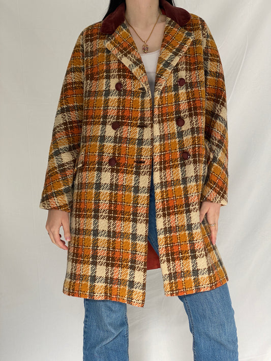 Vintage Brown & Rust Plaid Oversized Double-Breasted Wool Blend Coat with Velvet Collar - XL