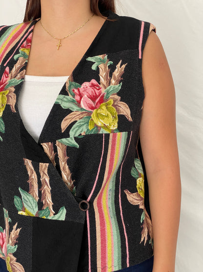 Vintage Black Patchwork Floral Vest Asymmetric Button Boho Waistcoat – L