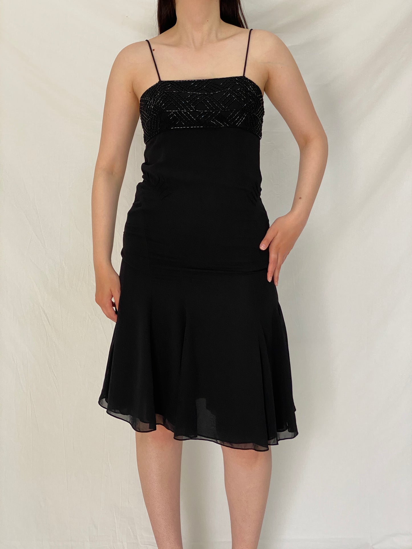 Vintage 90s Elements by Amanda Wakeley Black Beaded Midi Dress – M