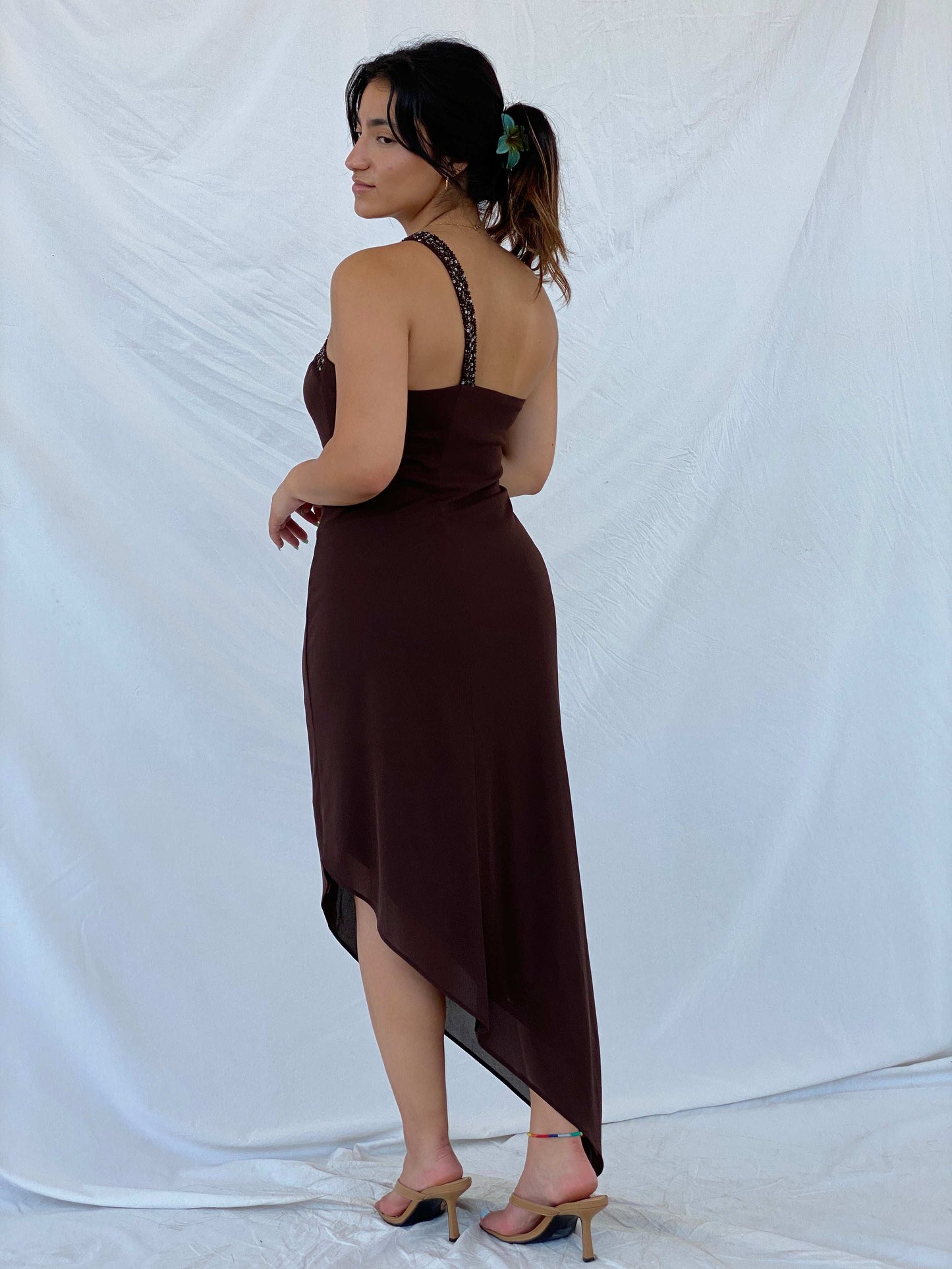 Vintage 1995 Caché One Shoulder Beaded Brown Asymmetric Dress - M - Balagan Vintage Midi Dress 00s, 90s dress, Lana, midi dress, NEW IN, summer, Wedding Guest