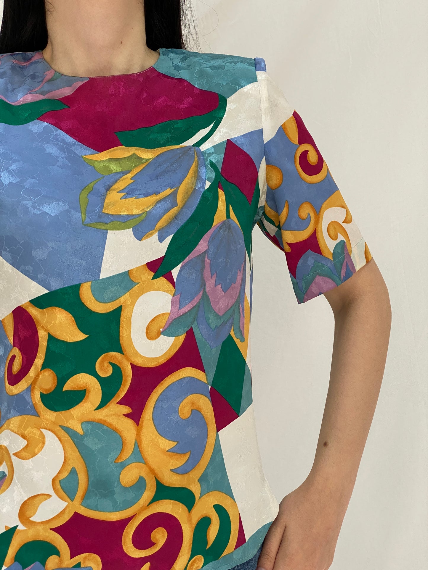 Vintage 90s Philippe Marques Abstract Print Structured Shoulder Short Sleeve Top - M