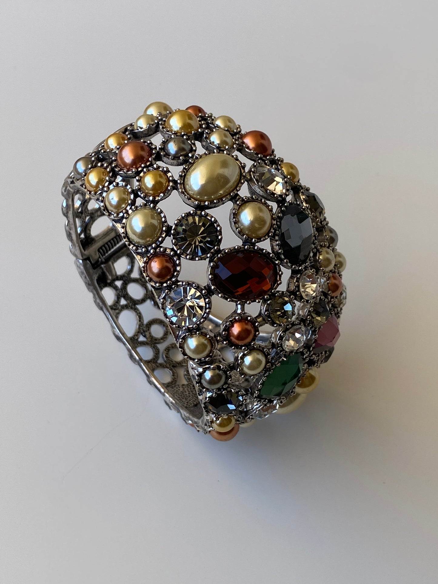 Vintage Jewel Tone Rhinestone Cuff Bracelet Pearl & Crystal Statement Bangle