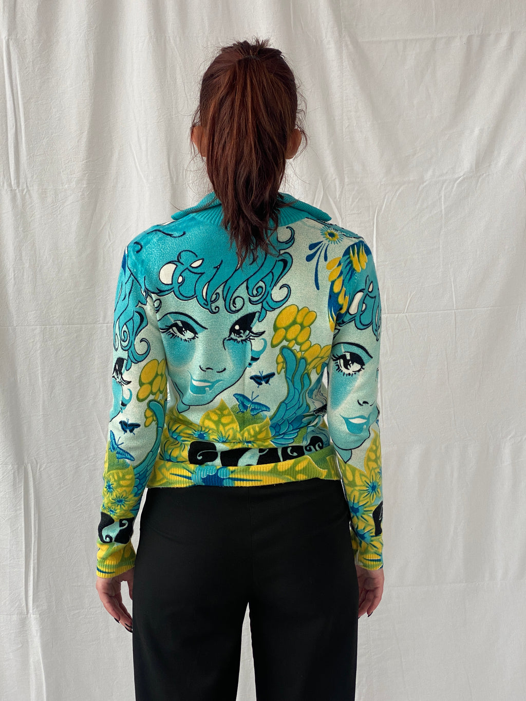 Rare Vintage Noun Paris Graphic Blue Beaded Zip Up Cardigan - M