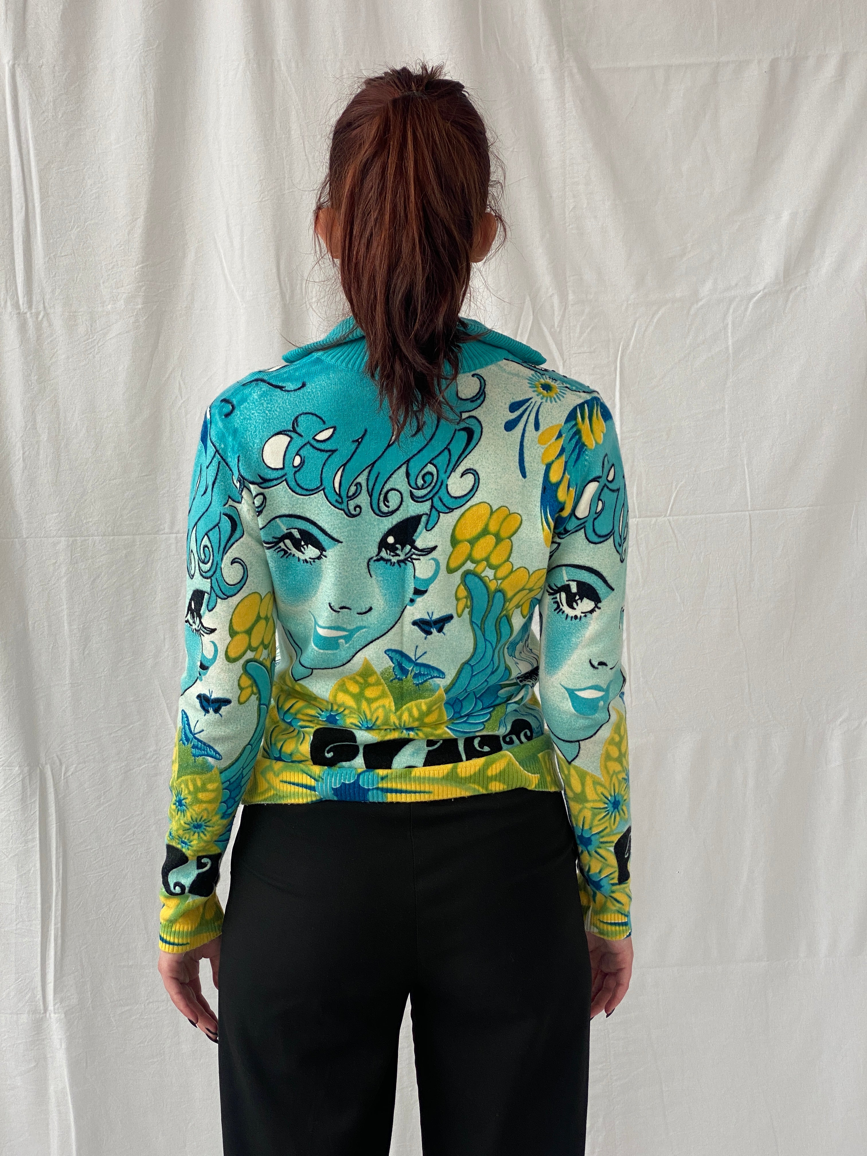 Rare Vintage Noun Paris Graphic Blue Beaded Zip Up Cardigan - M