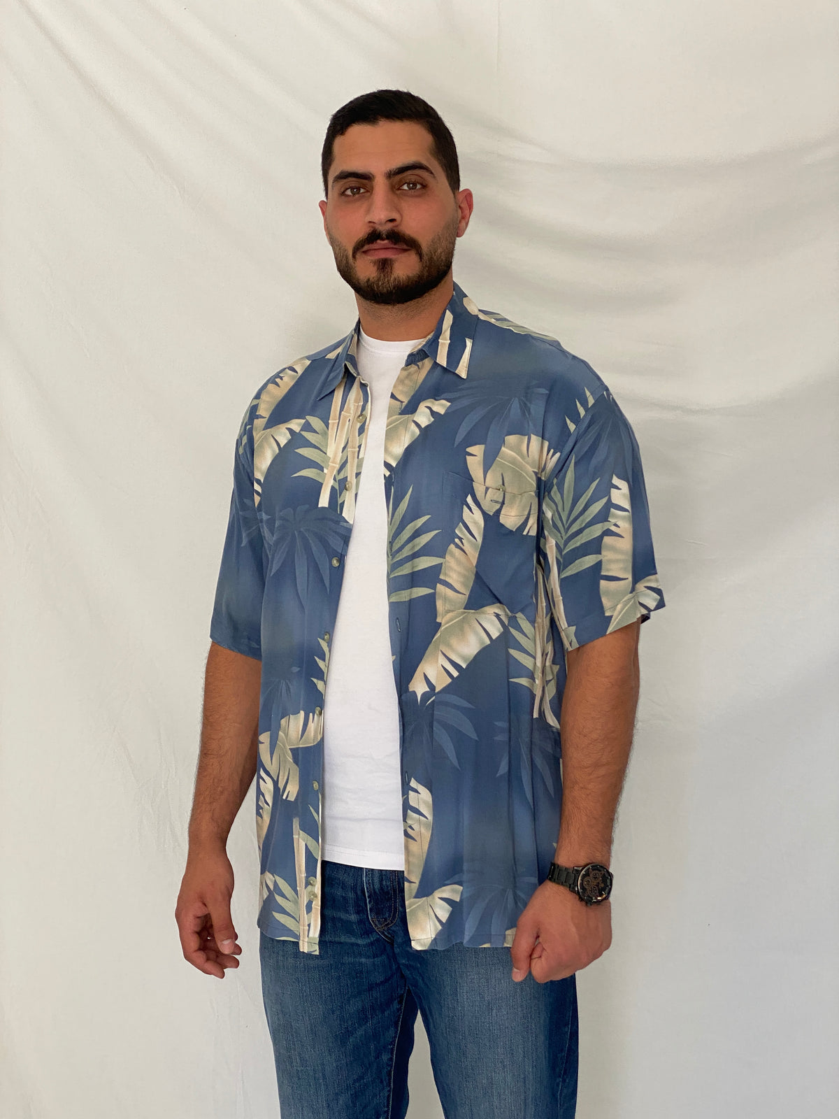 Vintage 90s Pierre Cardin Blue Tropical Rayon Hawaiian Shirt – L Vintage 90s Pierre Cardin Blue Tropical Rayon Hawaiian Shirt – L