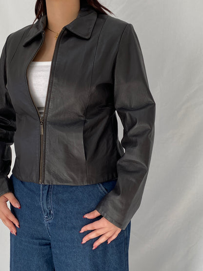 GUDDO Dark Chocolate Brown Genuine Leather Zip-Up Jacket – M