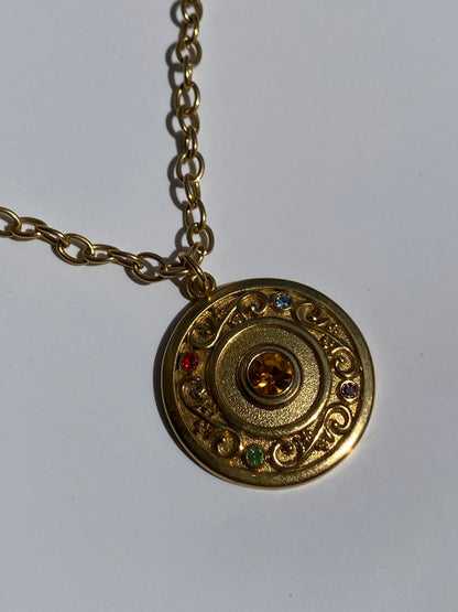 Vintage Gold Tone Rhinestone Medallion Pendant Necklace