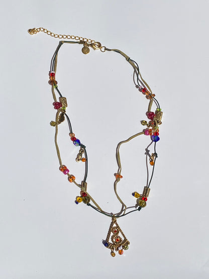 Vintage Y2K Vicky Jousan VJ Gold Boho Cord Beaded Charm Necklace