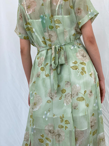 Vintage Handmade Mint Green Sheer Floral Print Maxi Dress - M