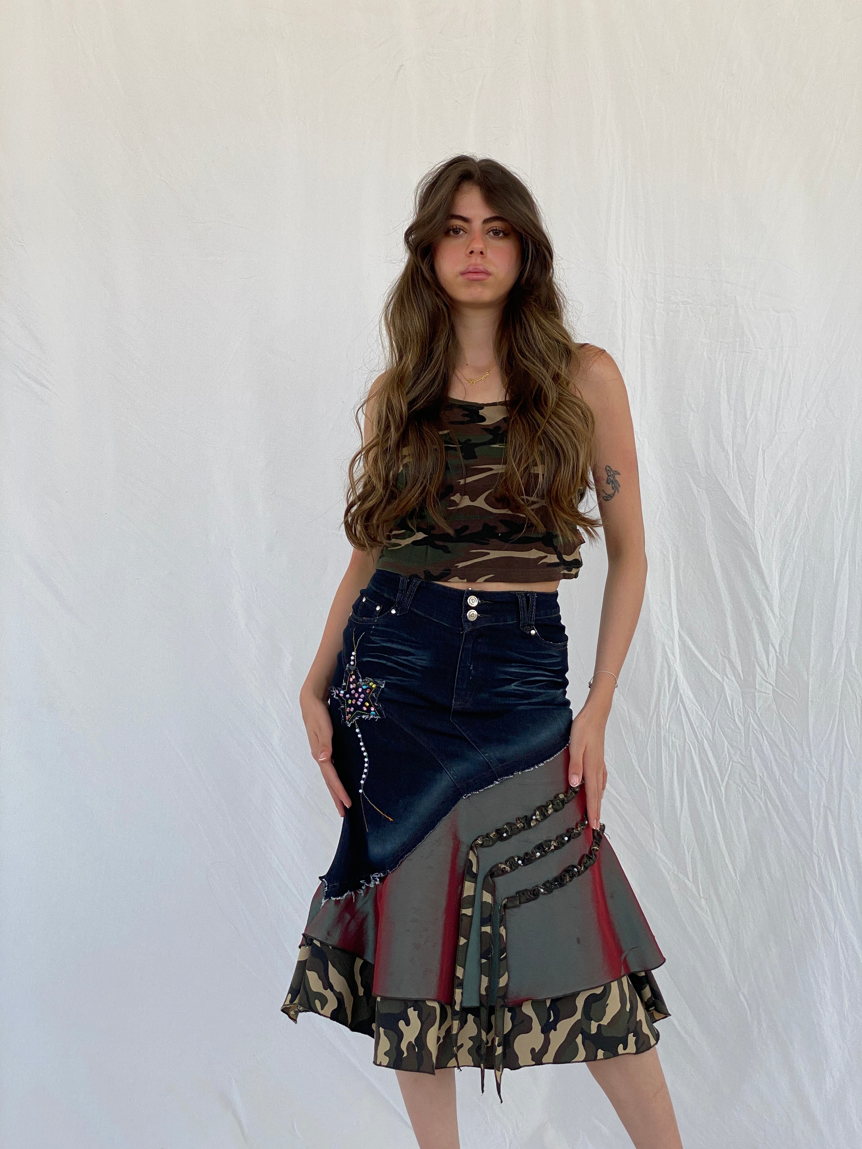 Vintage Y2K Jodel Camo Denim Midi Skirt - S