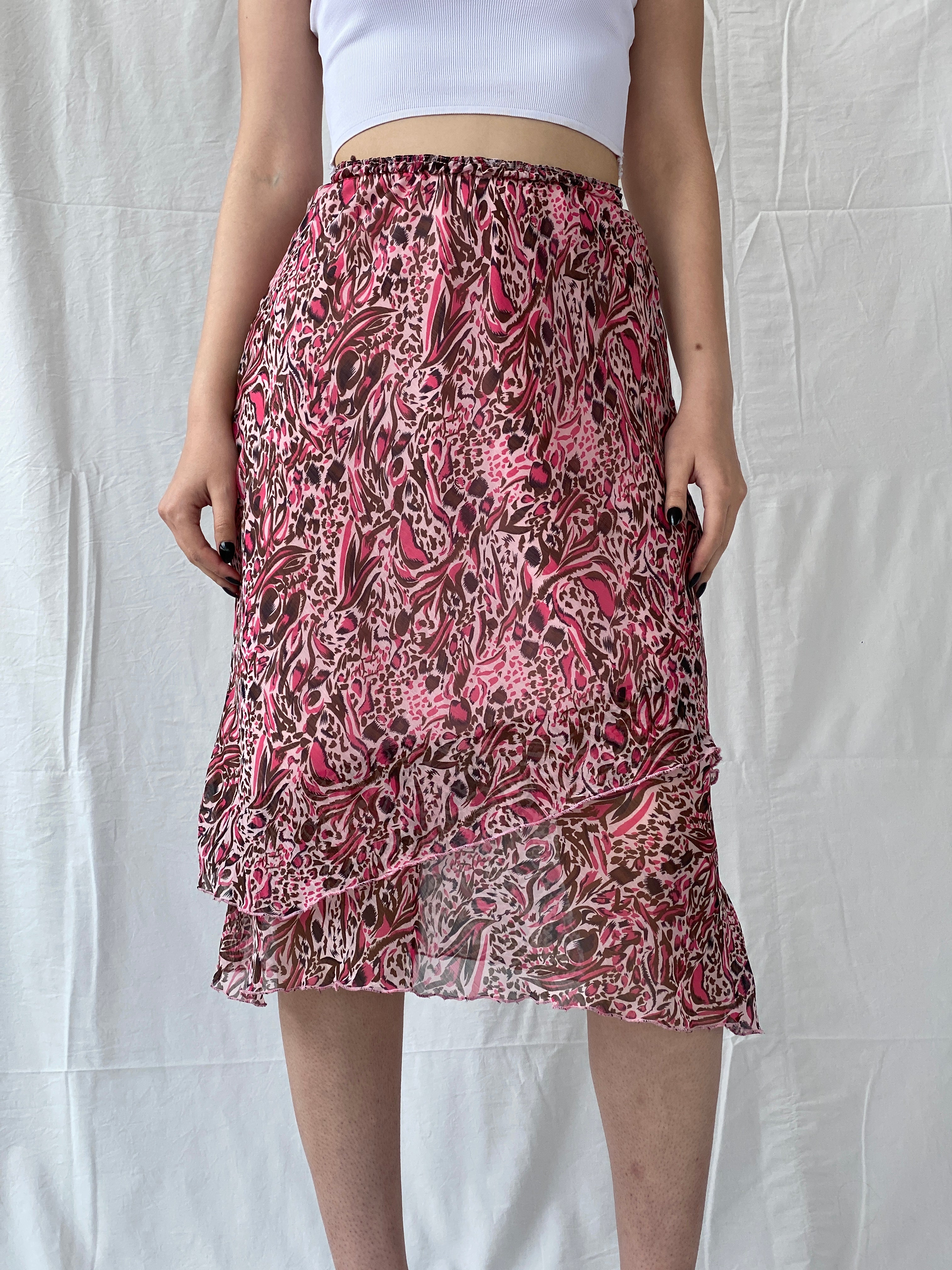 تنورة متوسطة الطول غير متماثلة الطبقات بطبعة حيوانية باللون الوردي والبني من Y2K iNfiNiTY للنساء - مقاس صغير