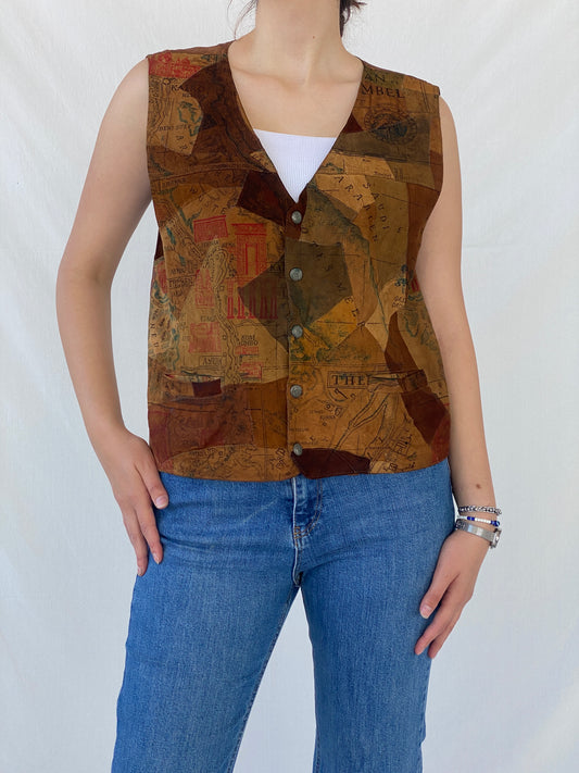 Vintage Rebel Craft Patchwork Suede Middle East Map Vest - L