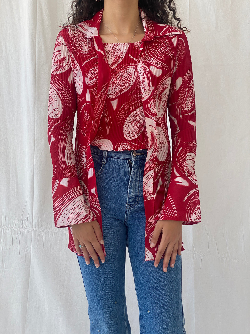 Vintage Jiabin Pleated Red & White Top & Cardigan Women’s Set - M