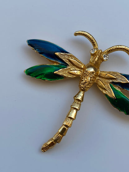 Vintage Gold Tone Enamel Dragonfly Brooch Blue & Green Winged Statement Pin