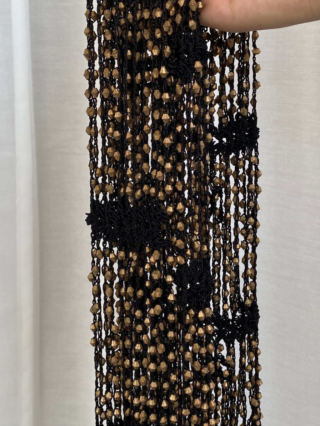 Therapy Black Crochet Beaded Fringe Scarf with Bronze Embellishments Statement Wrap
