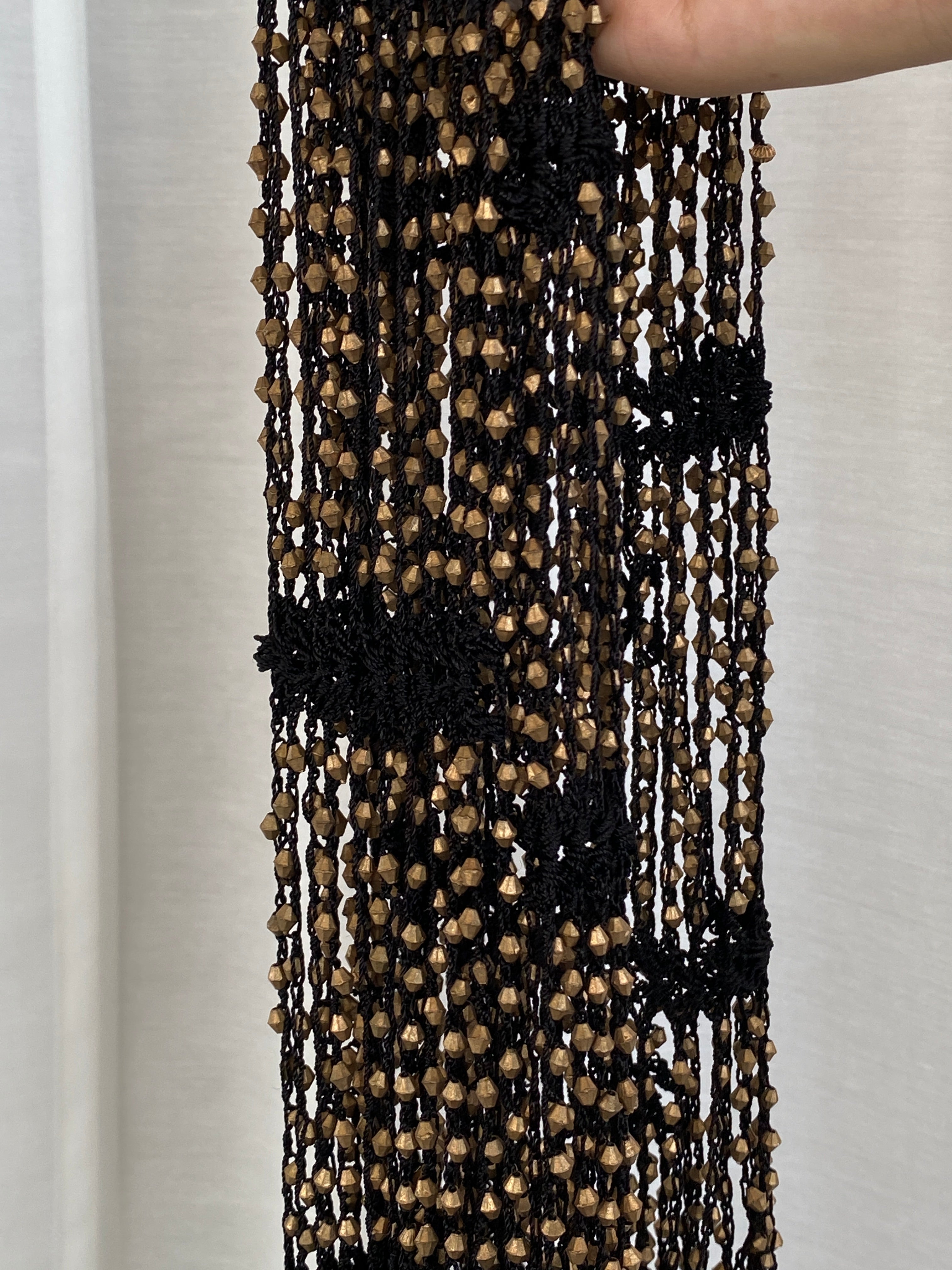 Therapy Black Crochet Beaded Fringe Scarf with Bronze Embellishments Statement Wrap