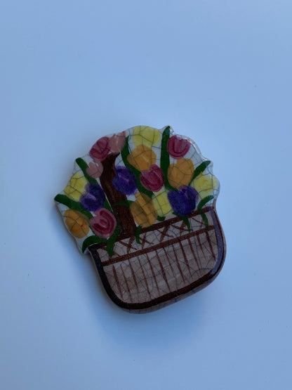 Vintage Hand-Painted Floral Basket Ceramic Brooch Multicolor Art Pottery Pin