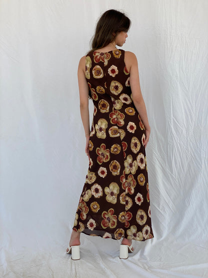 Vintage 90s PJLA Floral Brown Bodycon Sleeveless Maxi Dress - M