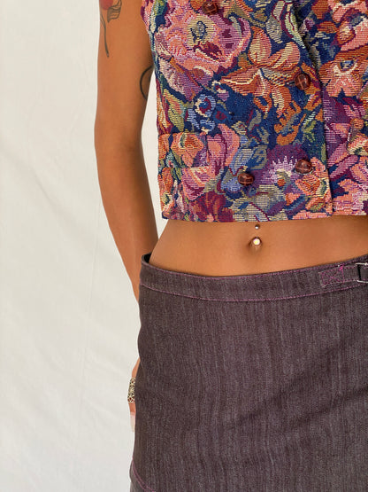 Vintage 90s In Design Multicolor Floral Tapestry Cropped Waistcoat Vest - S