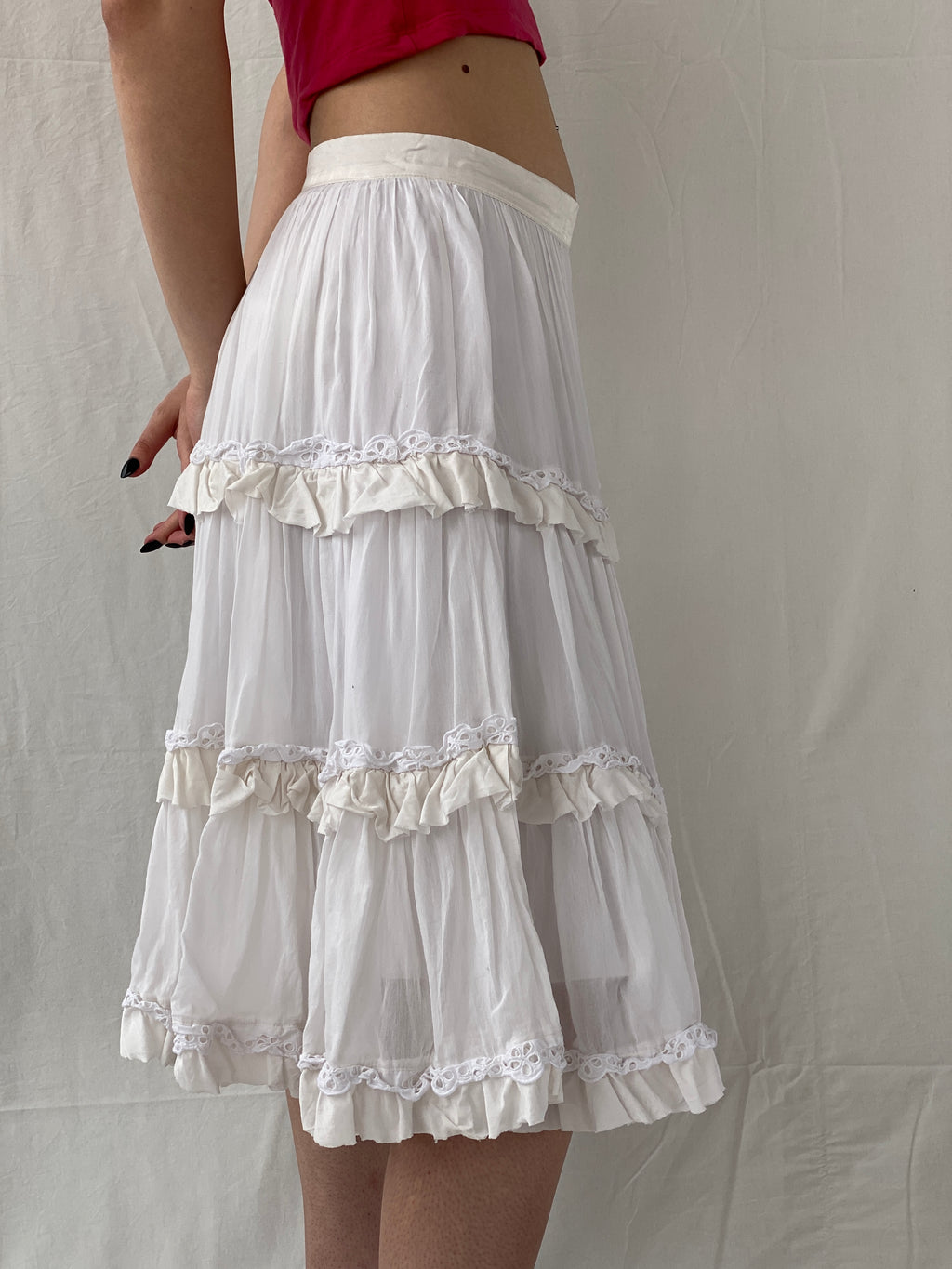 Gorgeous Vintage Monnalisa Chic White Tiered Bohemian Layered Midi Skirt - M