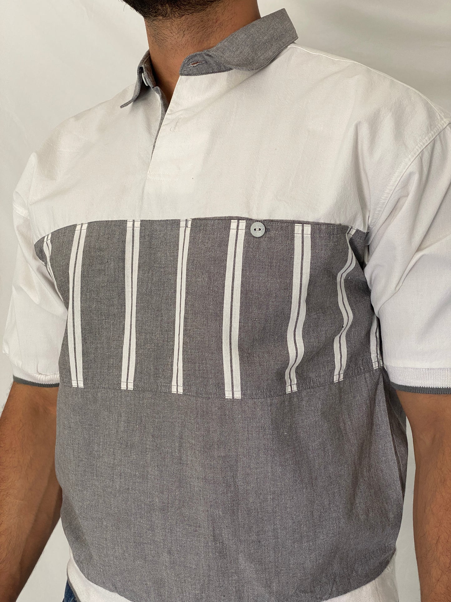 Vintage 90s Pierre Cardin Grey & White Color Block Polo Sweatshirt - M