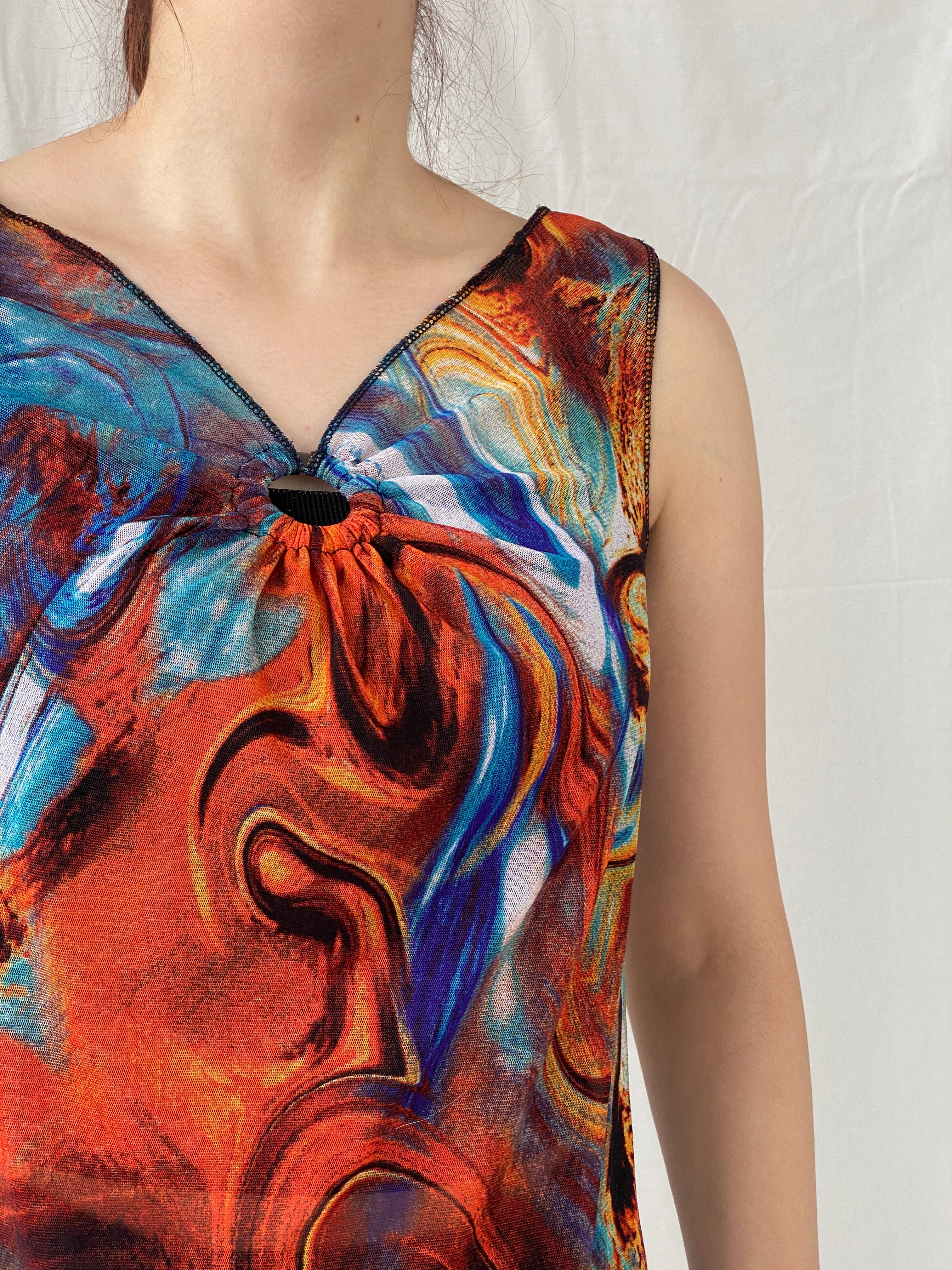 Vintage Y2K Sleeveless Marble Print Mesh Women’s Top - M