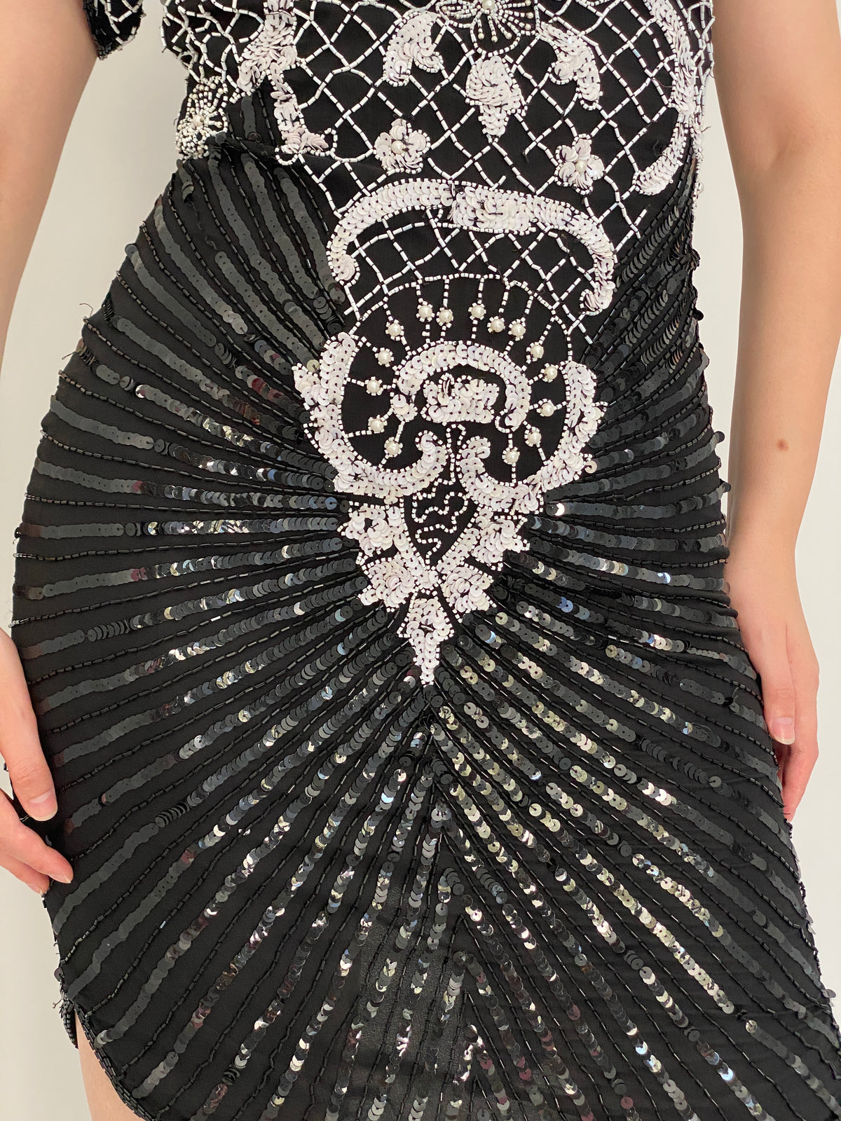 Vintage 80s Laurence Kazar Black & White Silk Beaded Sequin Cocktail Dress - M
