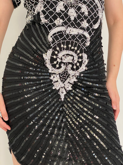 Vintage 80s Laurence Kazar Black & White Silk Beaded Sequin Cocktail Dress - M