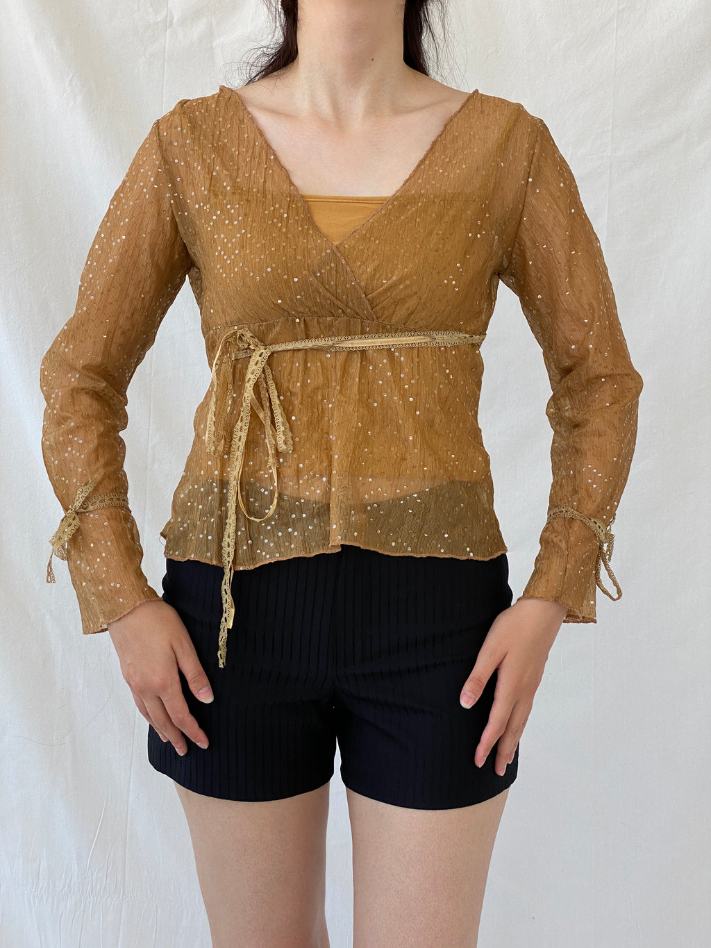 Vintage Y2K Jus D’ Orange Shimmer Fairy Sequin Sheer Bronze Top - M
