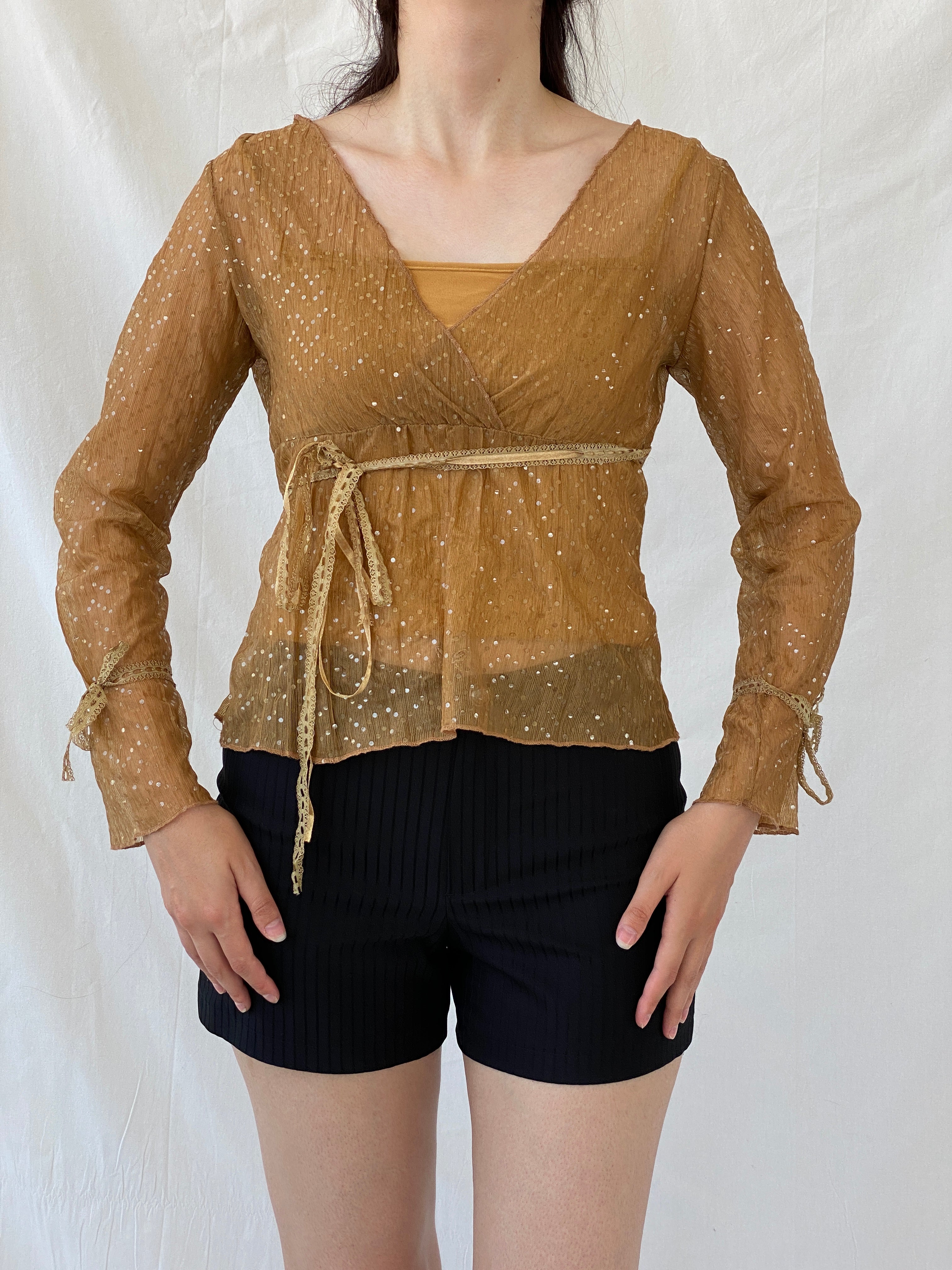 Vintage Y2K Jus D’ Orange Shimmer Fairy Sequin Sheer Bronze Top - M