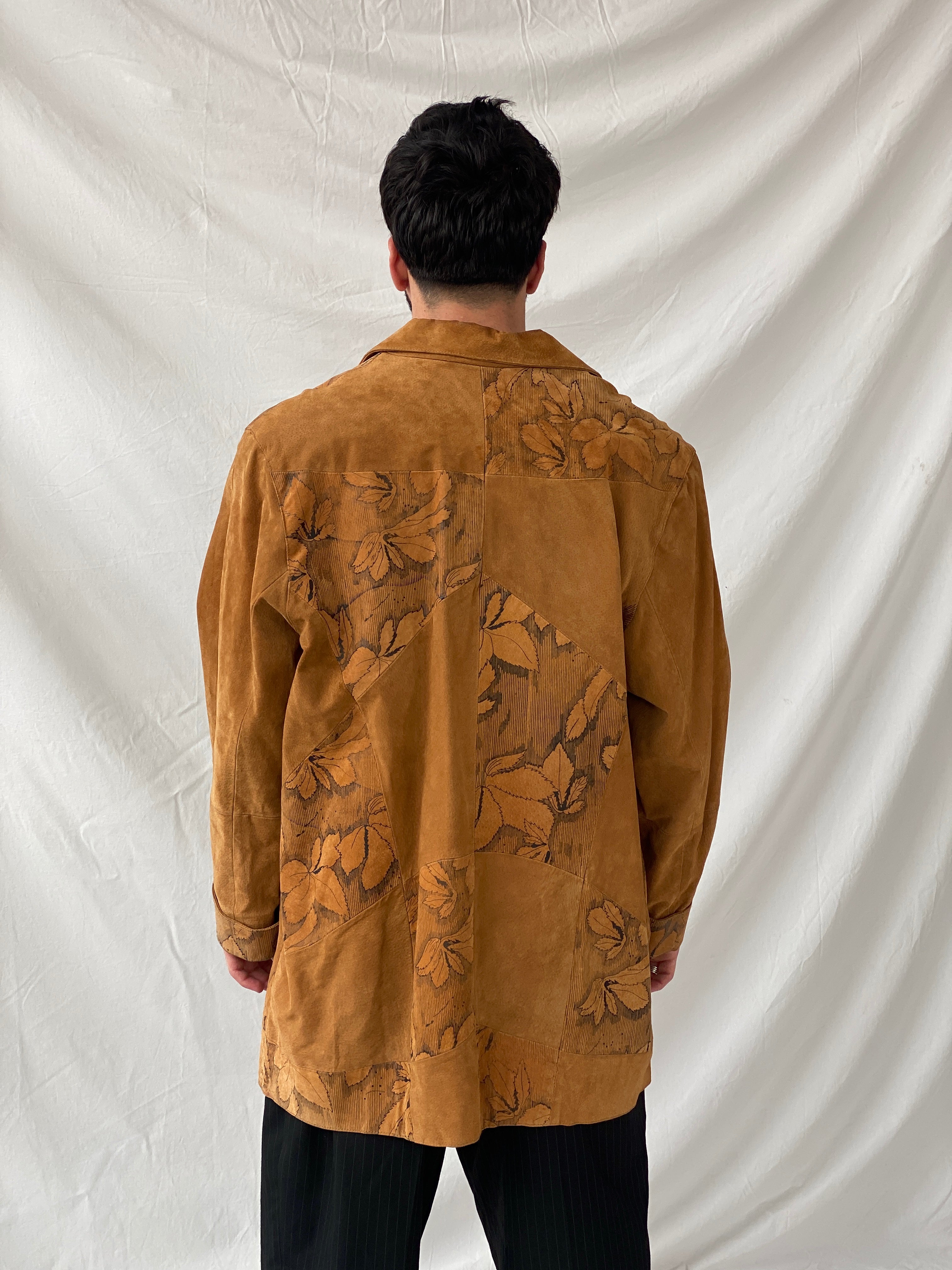 Vintage Men’s Genuine Brown Suede Leather Oversized Floral Blazer - XL