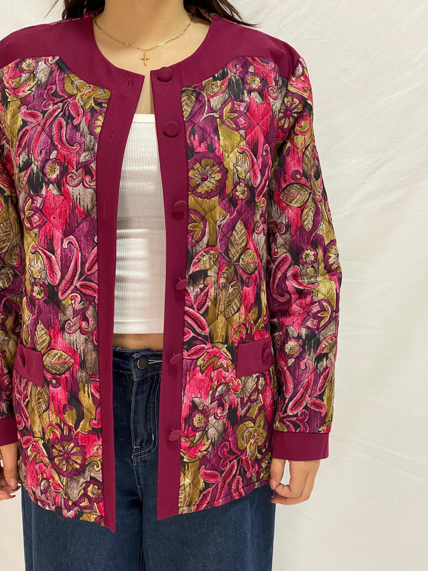 Vintage Quilted Floral Jacket Burgundy & Pink Paisley Button-Up Jacket - XL