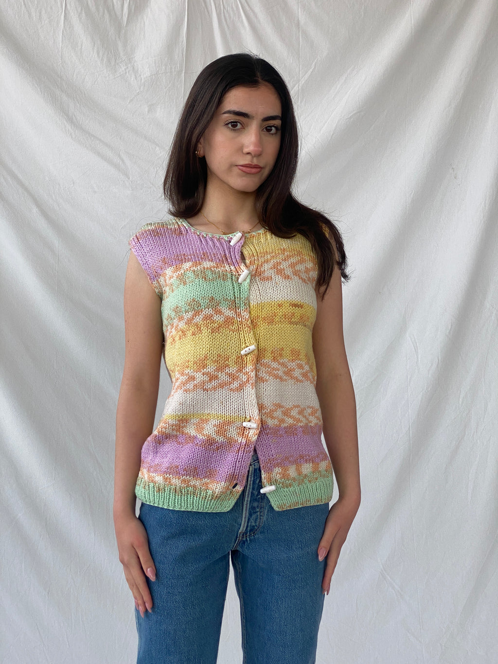 Y2K Pastel Colored Button Up Knitted Vest - M